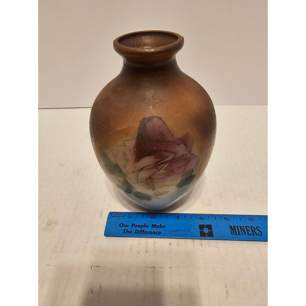 Antique Hand Painted Porcelain Rose Bud Vase Brown Blue Floral Satin 5.25"